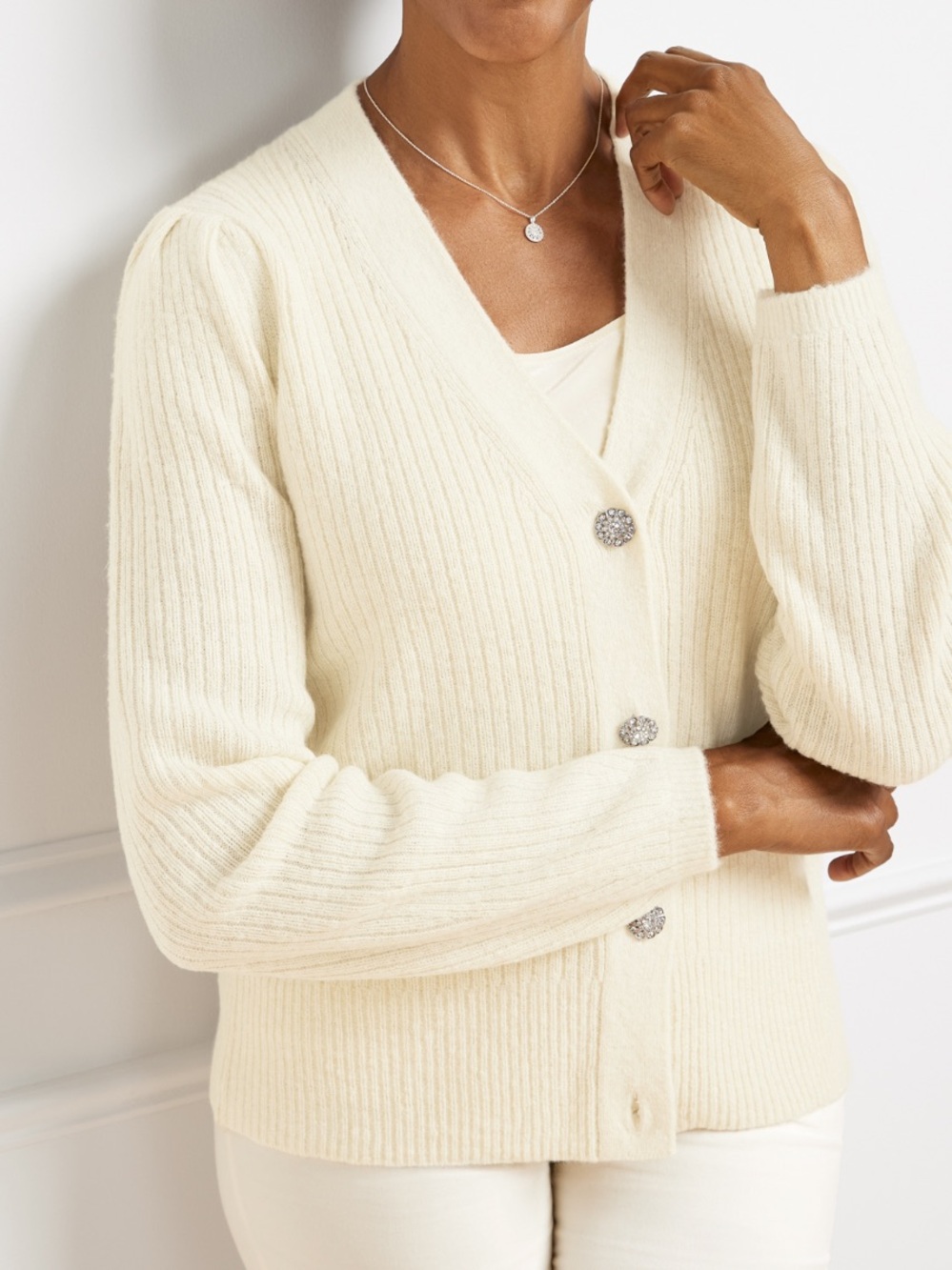Talbots Puff Sleeve Sparkle Jewel Button Cardigan Sweater Size medium Cream